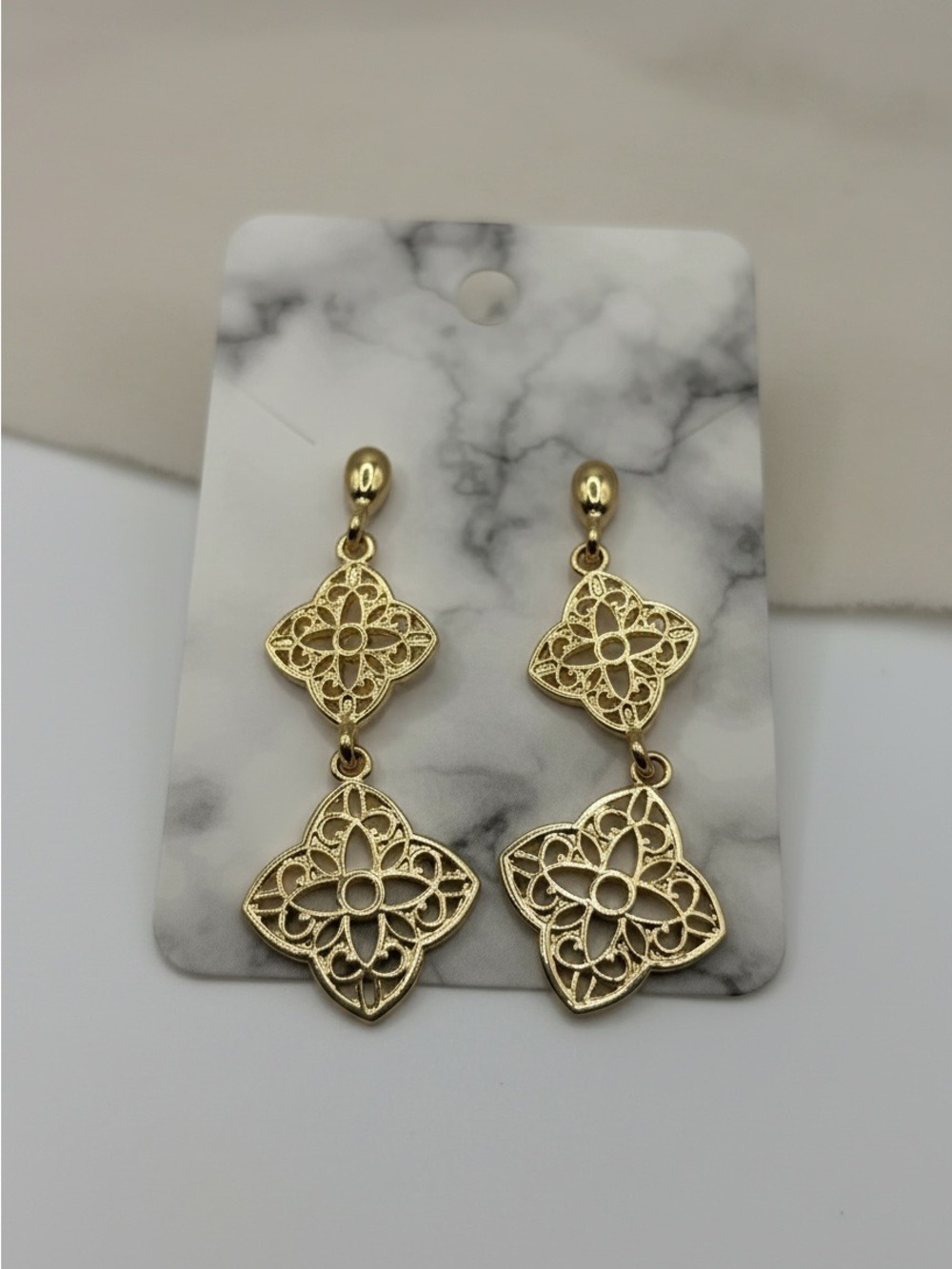 Gold Tone Filigree Floral Dangle Earrings Large Statement Earrings